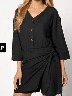 AnyBody Black Button-Front Wrap Romper